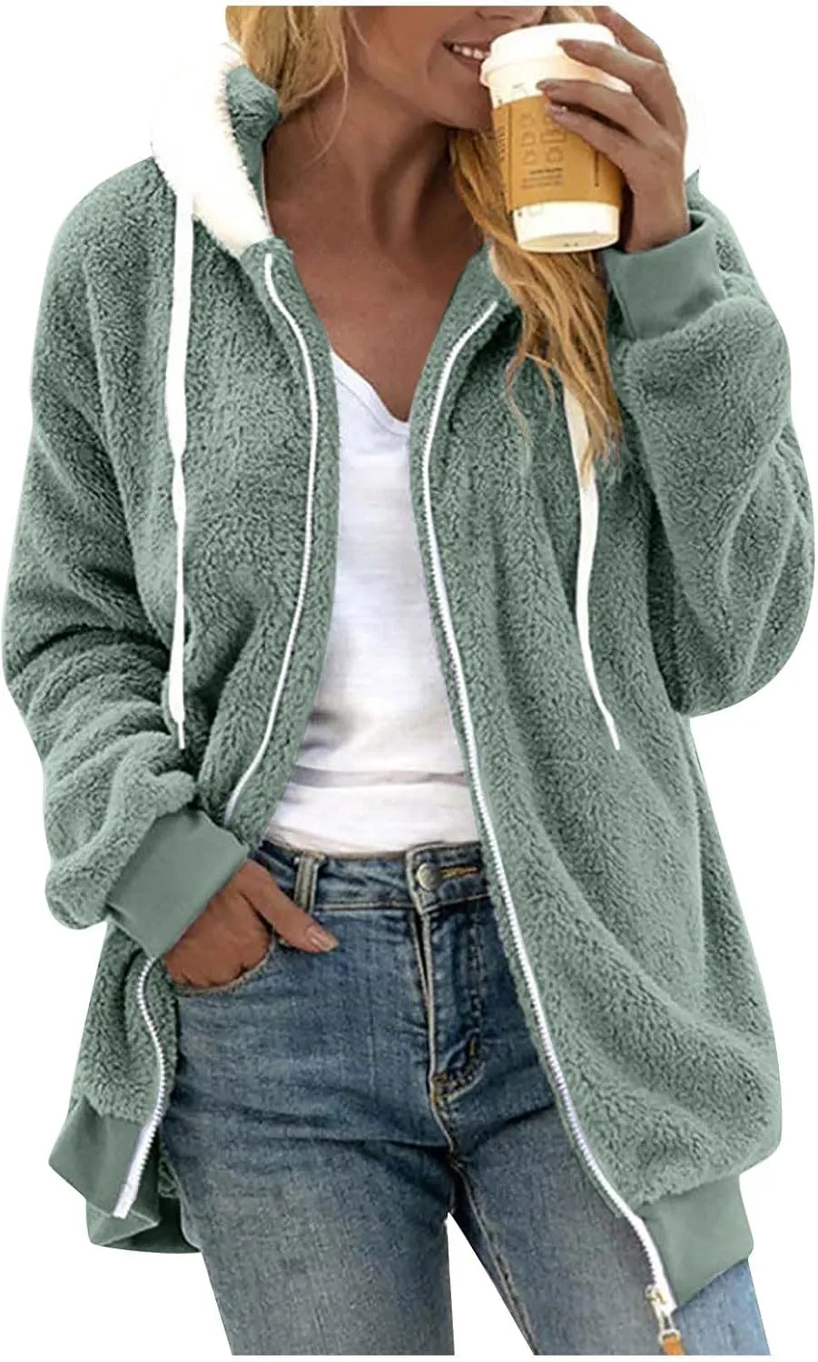 Sherpa Jacket Women Fleece Zip Up Jacket Winter 2024 Trendy Fuzzy Warm Hoodie Outerwear Coat with Pockets