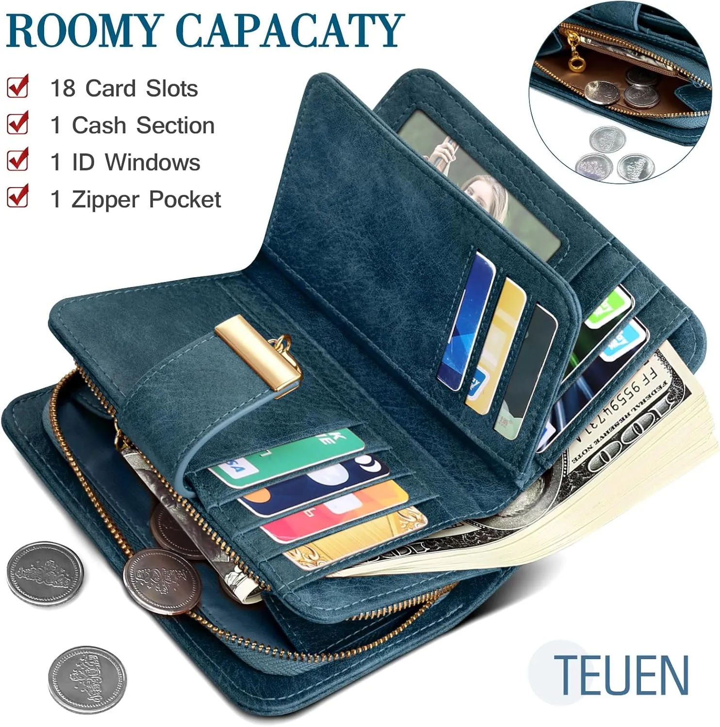 Small RFID Blocking Wallet for Women Leather Compact Bifold Wallet 18 Card Slots Ladies Wallets with Coin Pocket