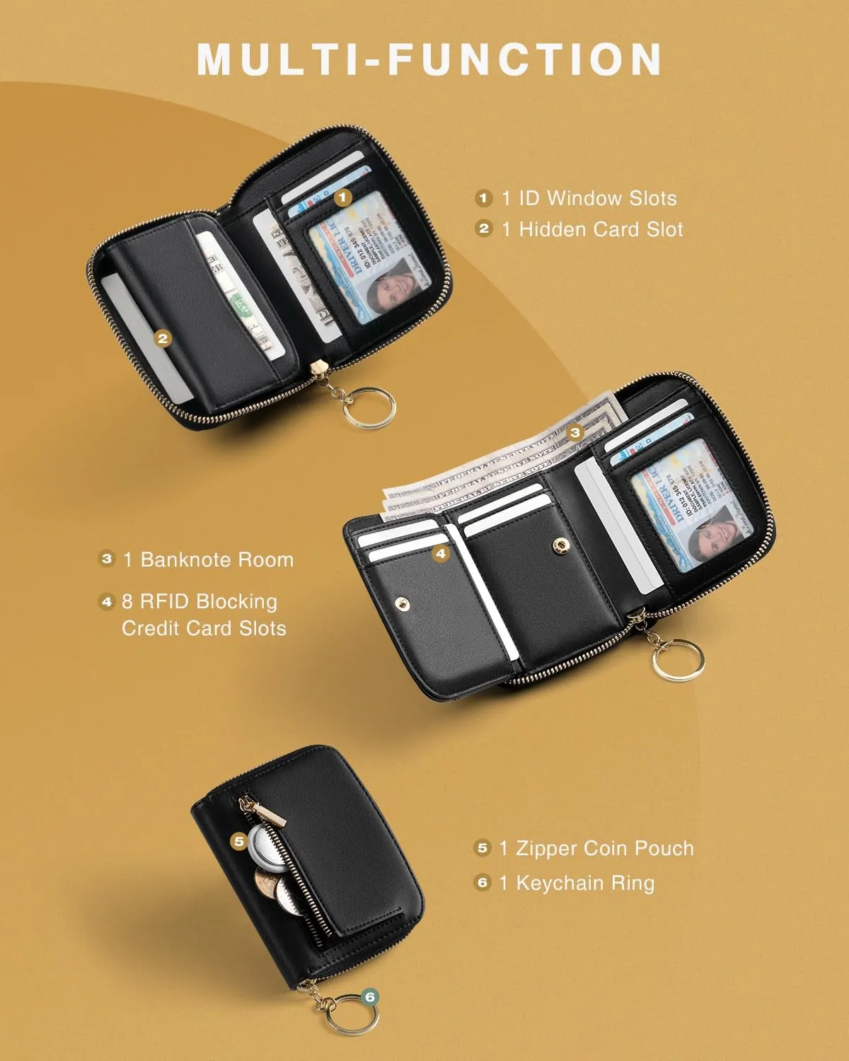 Small Wallet For Women RFID Blocking With Zipper Around Case Trifold Compact Leather Card Purse with Coin Pocket Black