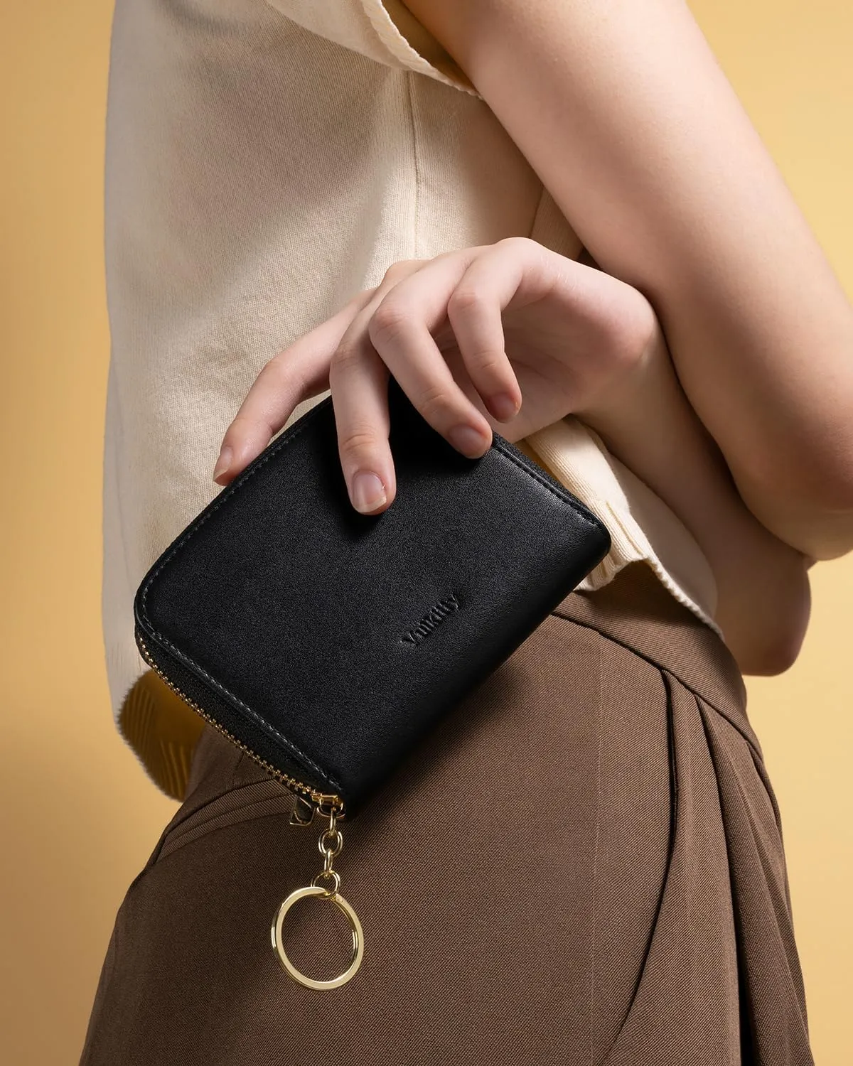 Small Wallet For Women RFID Blocking With Zipper Around Case Trifold Compact Leather Card Purse with Coin Pocket Black
