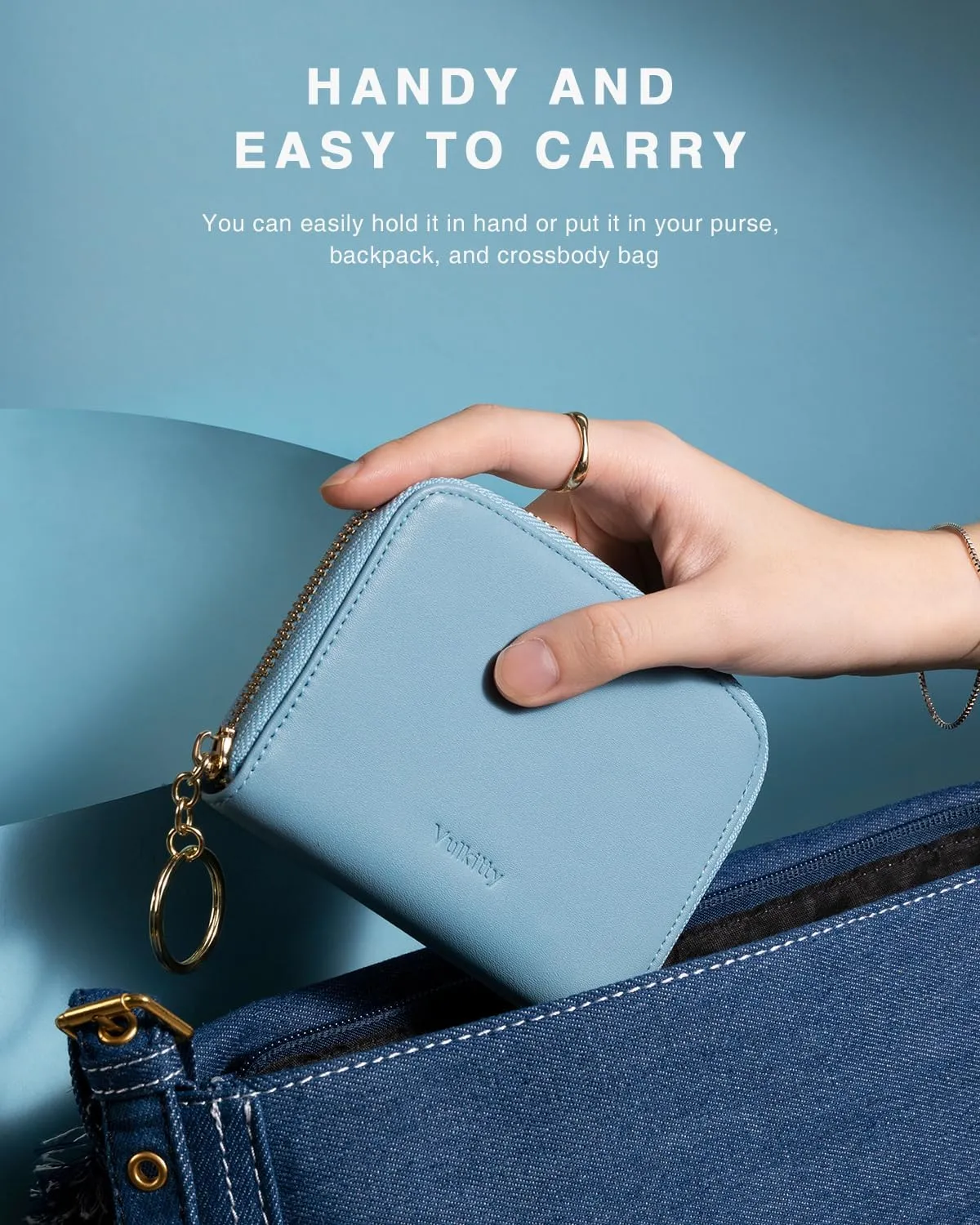 Small Wallet For Women RFID Blocking With Zipper Around Case Trifold Compact Leather Card Purse with Coin Pocket Blue