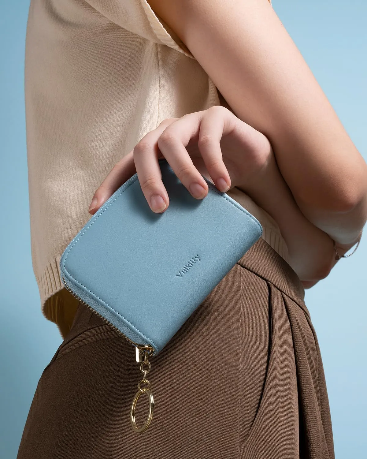 Small Wallet For Women RFID Blocking With Zipper Around Case Trifold Compact Leather Card Purse with Coin Pocket Blue