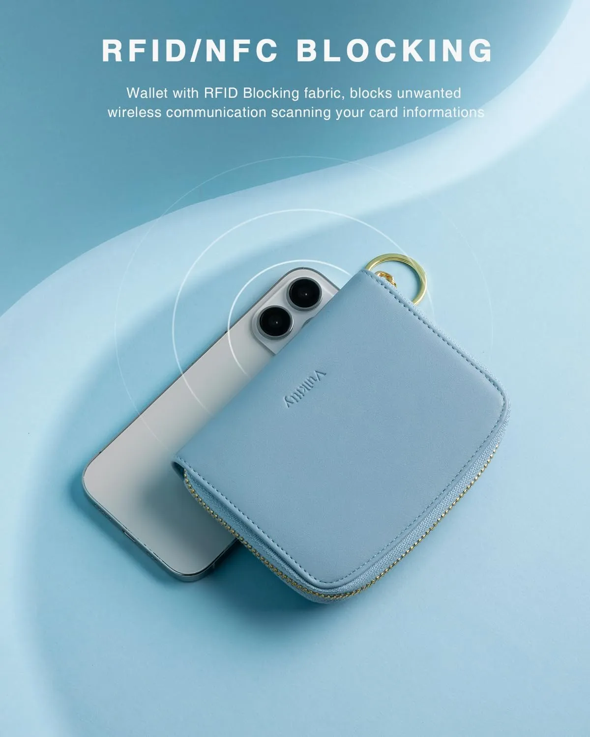 Small Wallet For Women RFID Blocking With Zipper Around Case Trifold Compact Leather Card Purse with Coin Pocket Blue