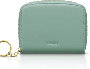 Small Wallet For Women RFID Blocking With Zipper Around Case Trifold Compact Leather Card Purse with Coin Pocket Green