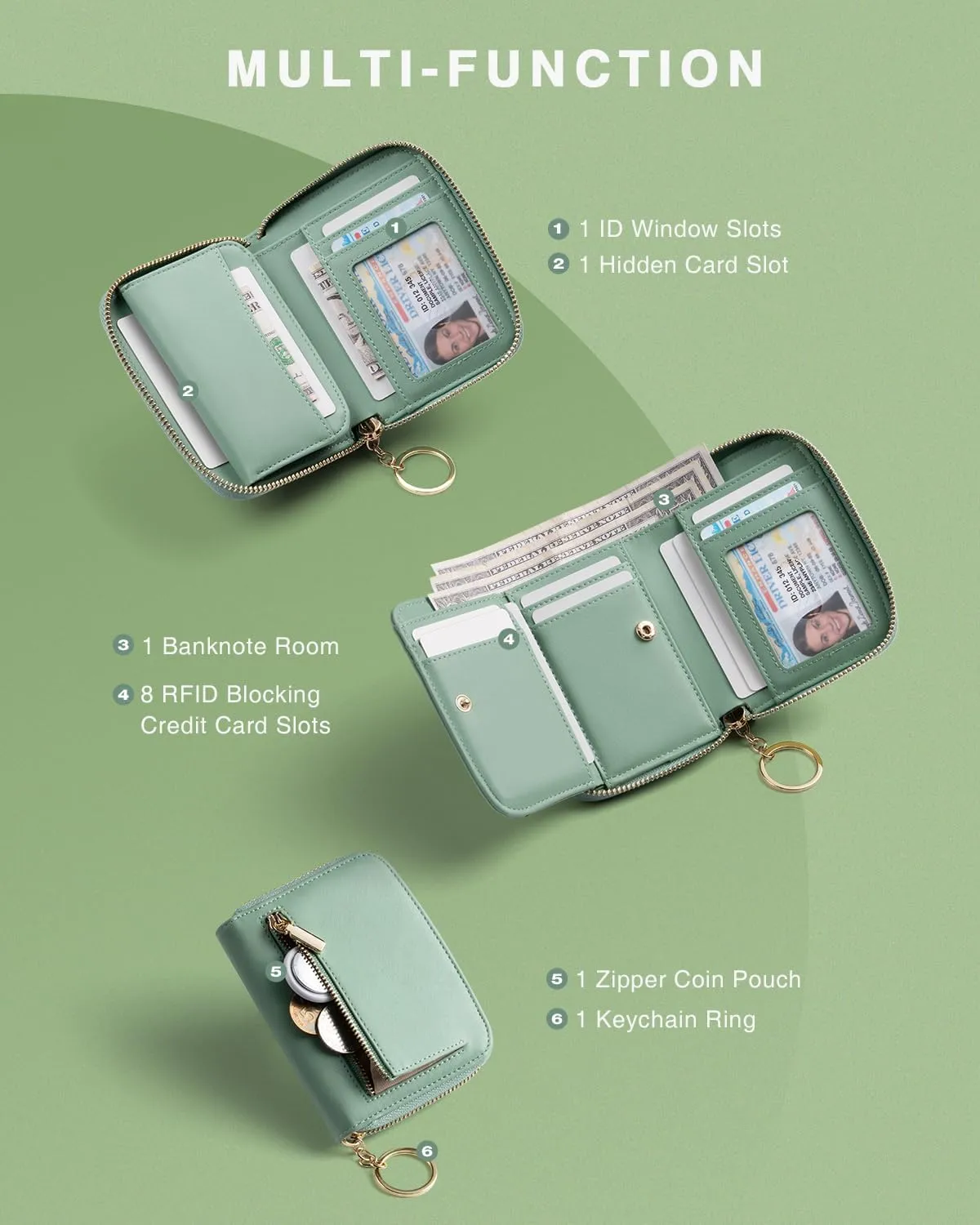 Small Wallet For Women RFID Blocking With Zipper Around Case Trifold Compact Leather Card Purse with Coin Pocket Green