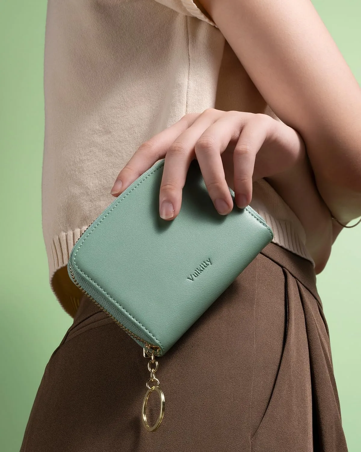 Small Wallet For Women RFID Blocking With Zipper Around Case Trifold Compact Leather Card Purse with Coin Pocket Green