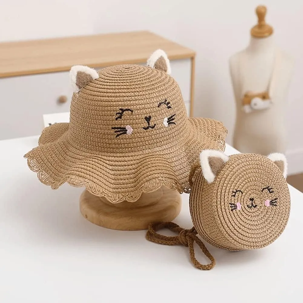 Summer Straw Bucket Hat for Kids Girls Children's Sun Hat Visor Cap and Crossbody Bag Set Cute Baby Girls Beach Hat Panama Cap