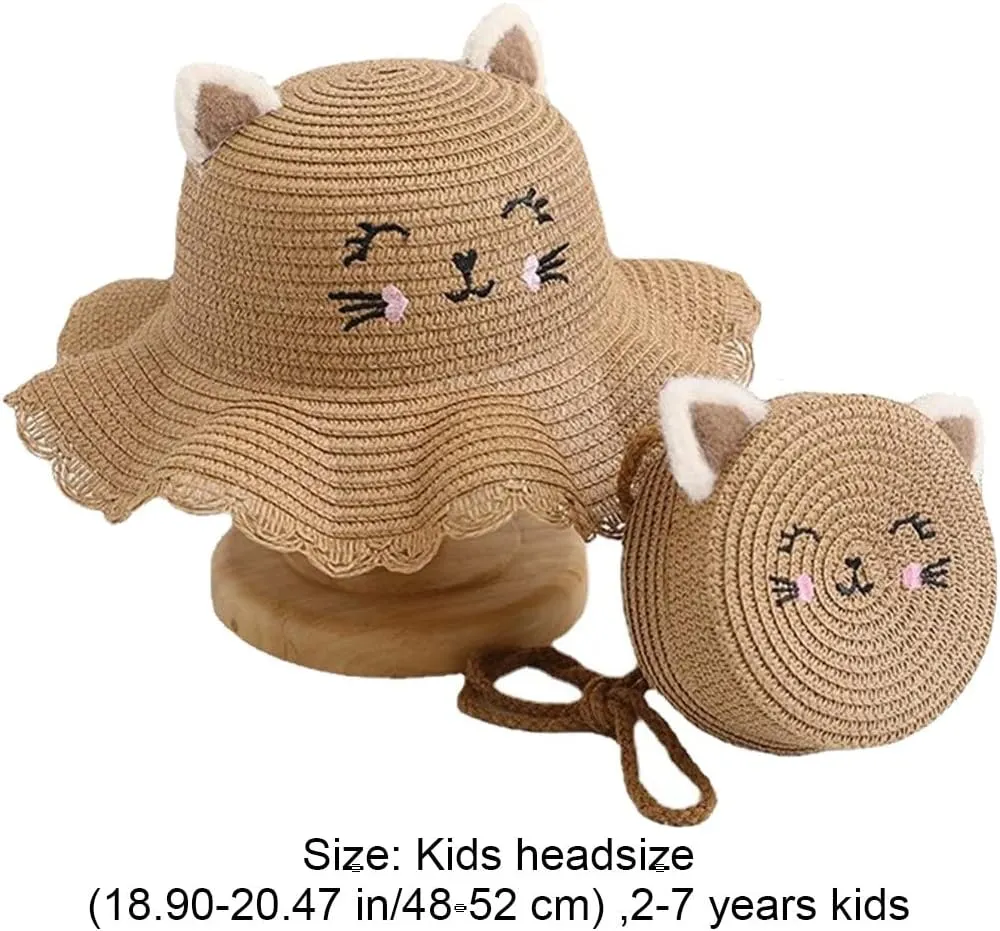 Summer Straw Bucket Hat for Kids Girls Children's Sun Hat Visor Cap and Crossbody Bag Set Cute Baby Girls Beach Hat Panama Cap
