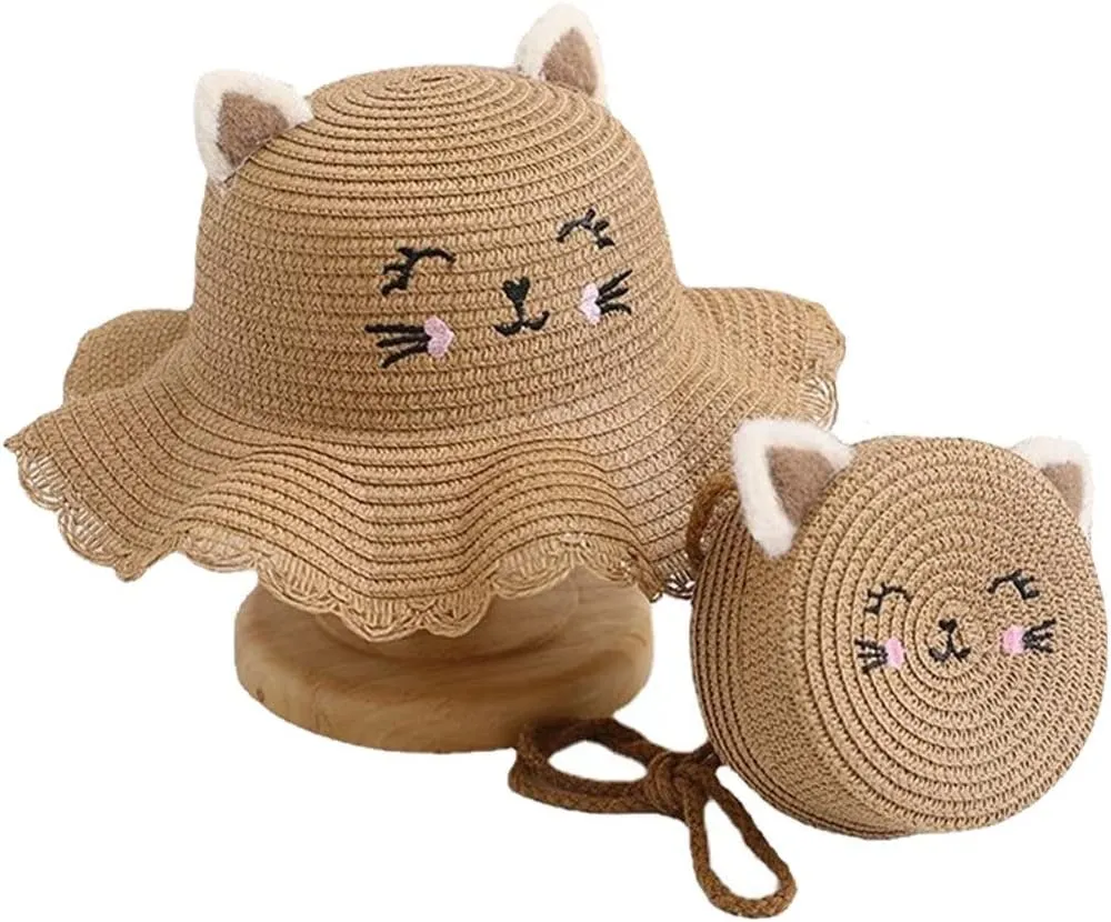 Summer Straw Bucket Hat for Kids Girls Children's Sun Hat Visor Cap and Crossbody Bag Set Cute Baby Girls Beach Hat Panama Cap