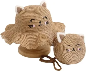 Summer Straw Bucket Hat for Kids Girls Children's Sun Hat Visor Cap and Crossbody Bag Set Cute Baby Girls Beach Hat Panama Cap