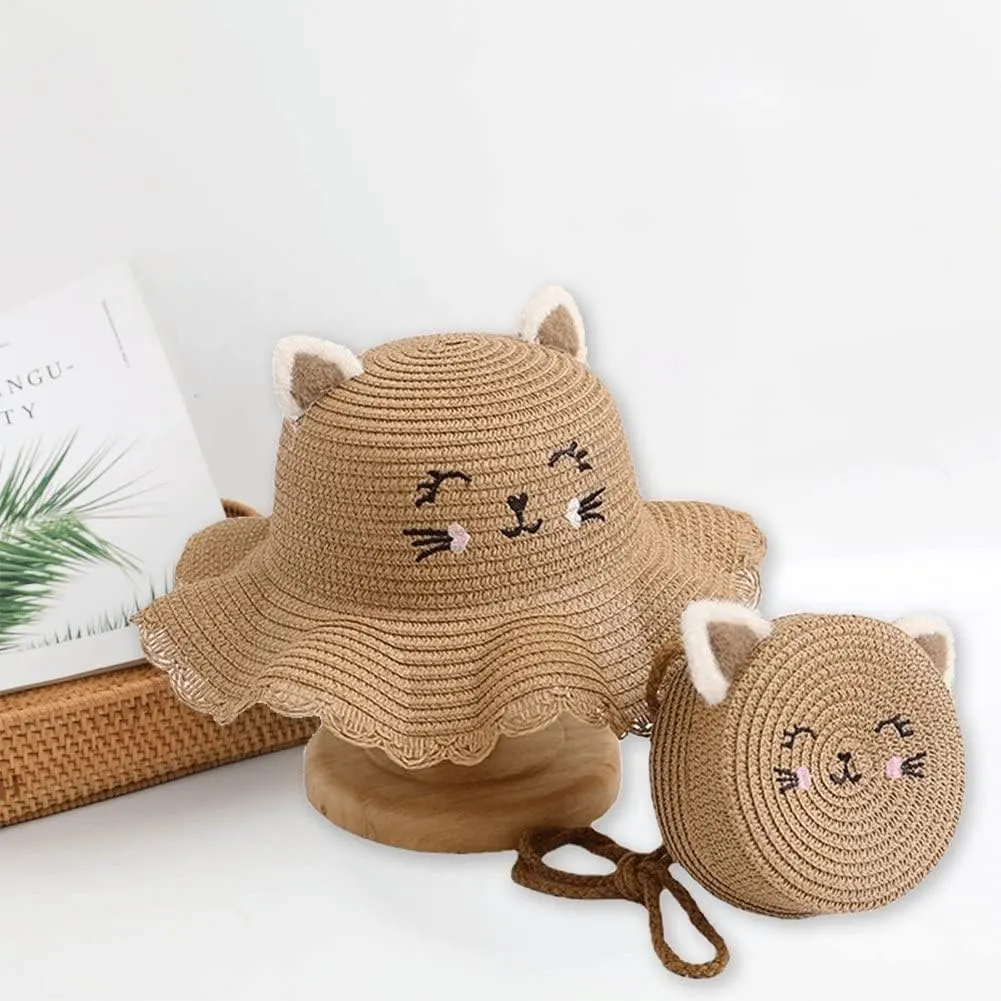 Summer Straw Bucket Hat for Kids Girls Children's Sun Hat Visor Cap and Crossbody Bag Set Cute Baby Girls Beach Hat Panama Cap