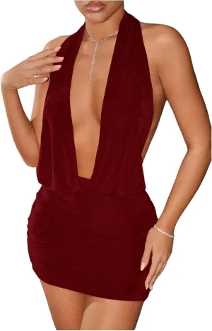 SweatyRocks Women's Backless Halter Dress Low Cut Sleeveless Bodycon Mini Dresses Rave Clubwear