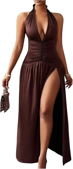 SweatyRocks Women's High Slit Ruched Sheer Sleeveless Low Cut Halter Maxi Dresses