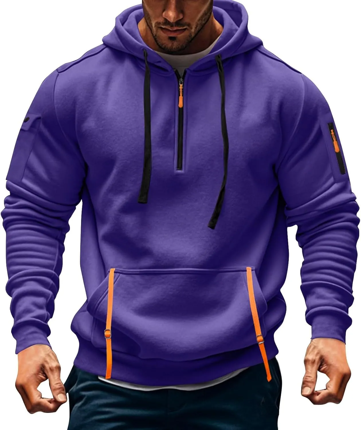 Tactical Hoodies for Men Quarter Zip Pullover Vintage Solid/Graphic Long Sleeve Workout Hoodie Sweatshirt With Pockets