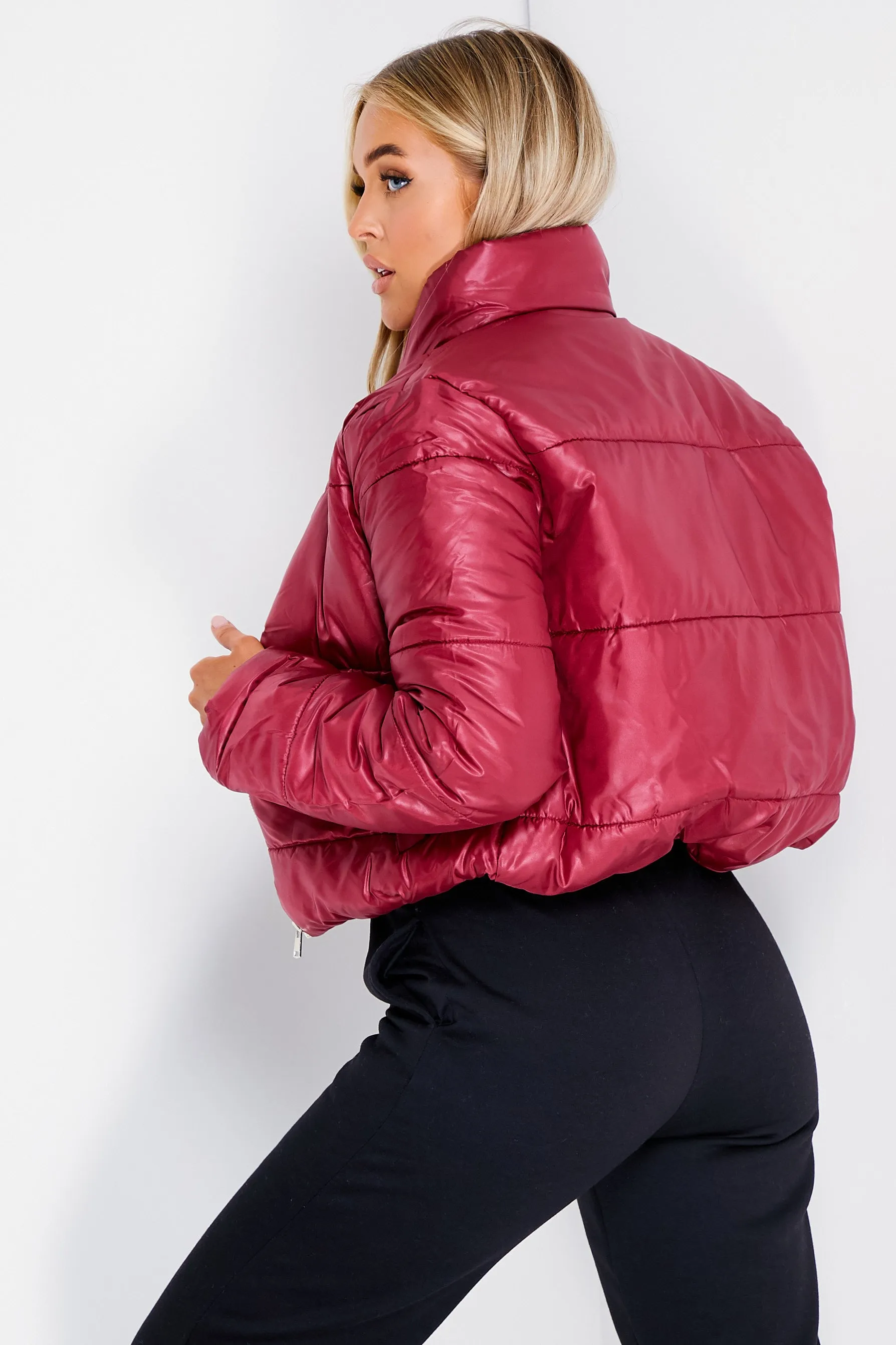 Wine Cropped Puffer Jacket