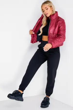 Wine Cropped Puffer Jacket