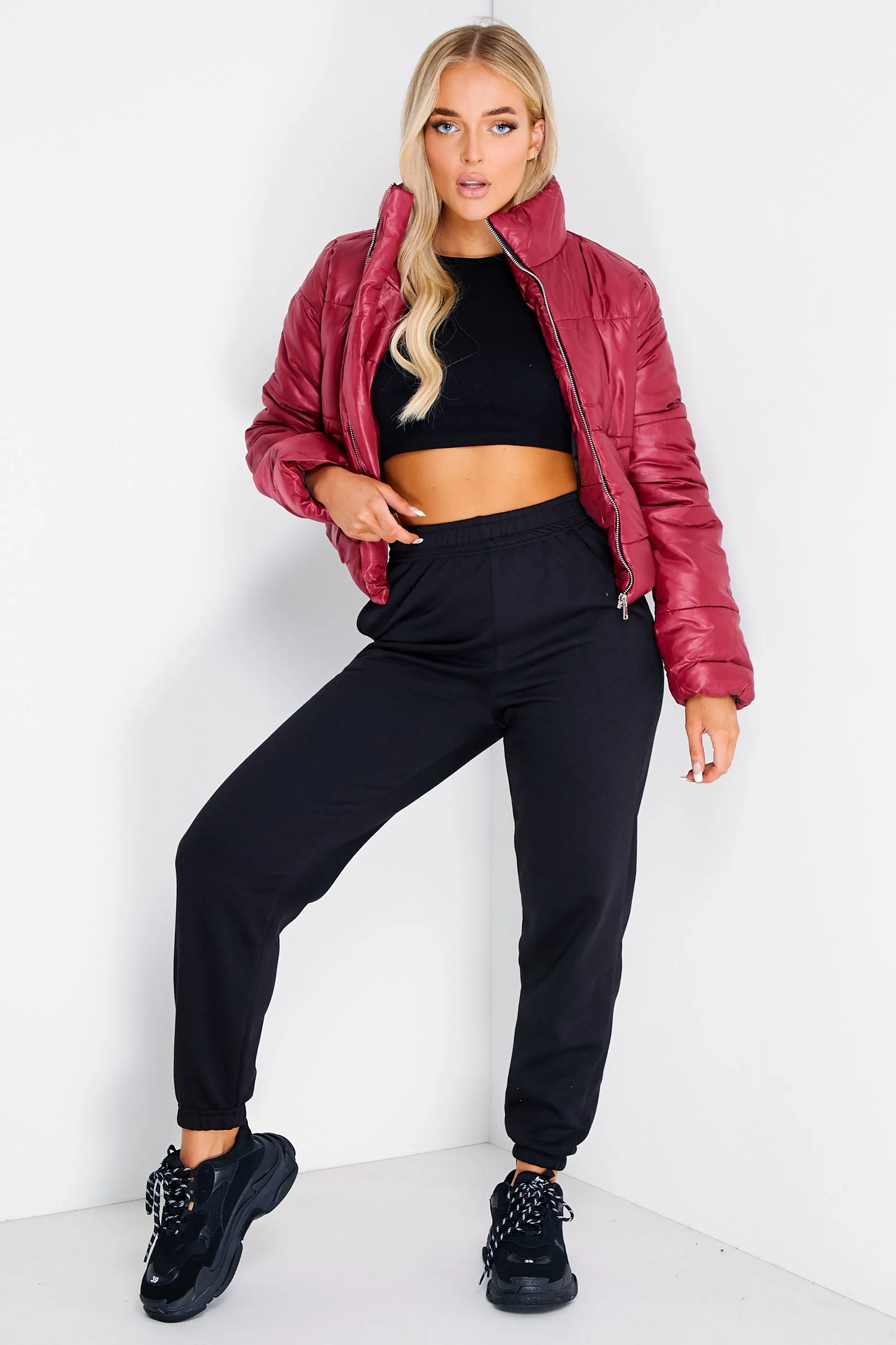 Wine Cropped Puffer Jacket