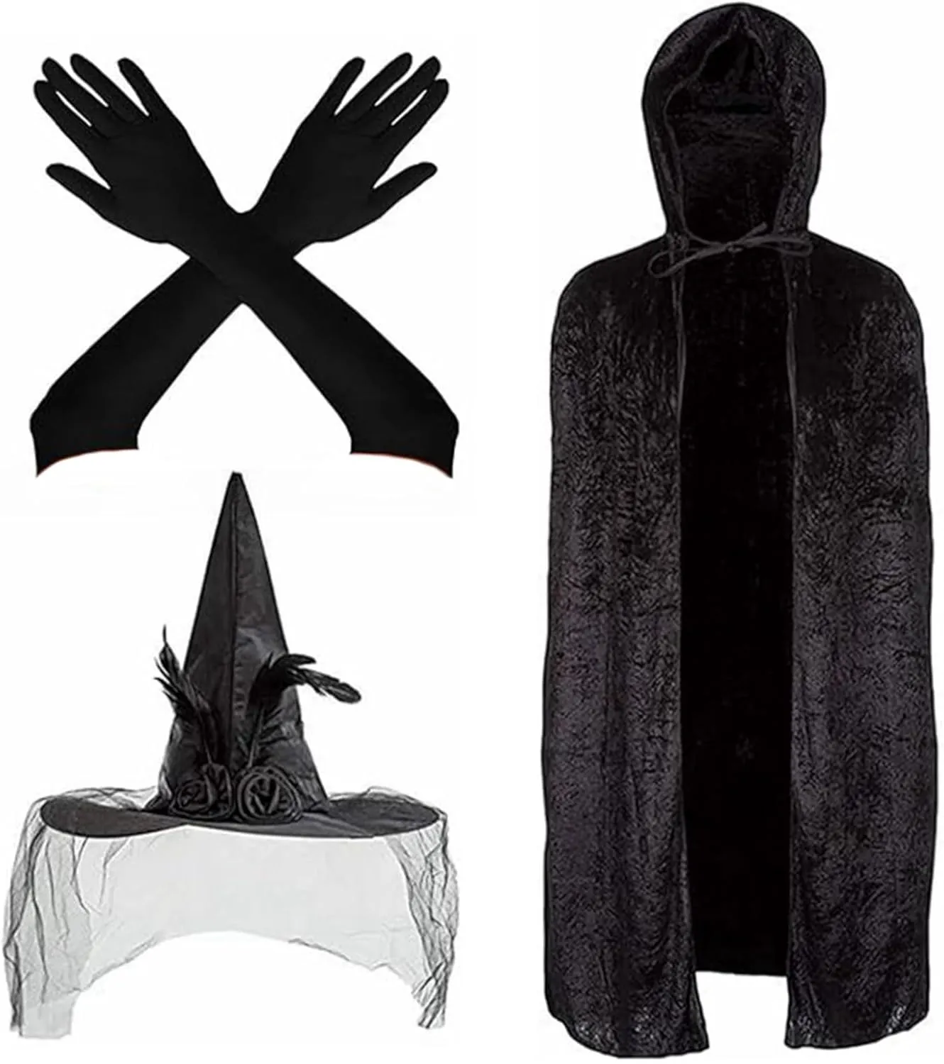 Witch Costume Set Includes Witch Cloak, Witch Hat and Long Glove Halloween Hoodied Cape Costume for Teen Adult Cosplay