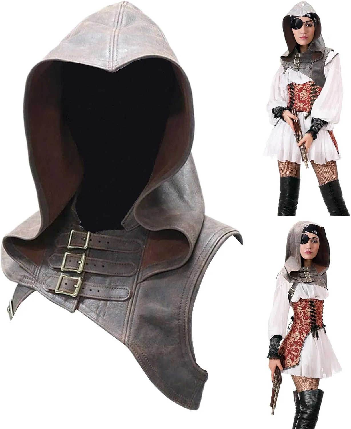 Women Cosplay Punk Hooded Cowl Hat Faux Leather Medieval Cloak Cape With Adjustable Buckle Strap For Themed Event