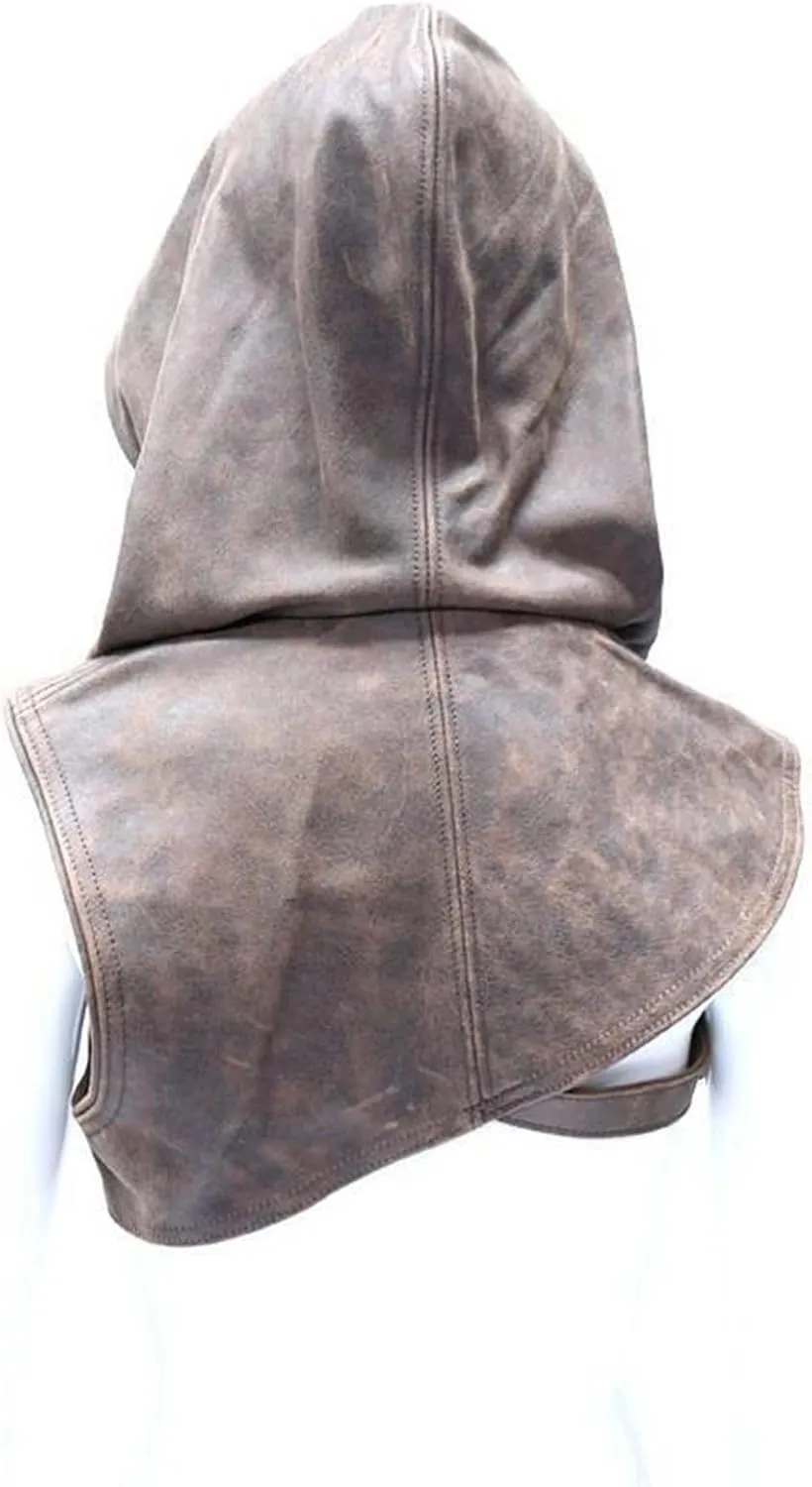 Women Cosplay Punk Hooded Cowl Hat Faux Leather Medieval Cloak Cape With Adjustable Buckle Strap For Themed Event