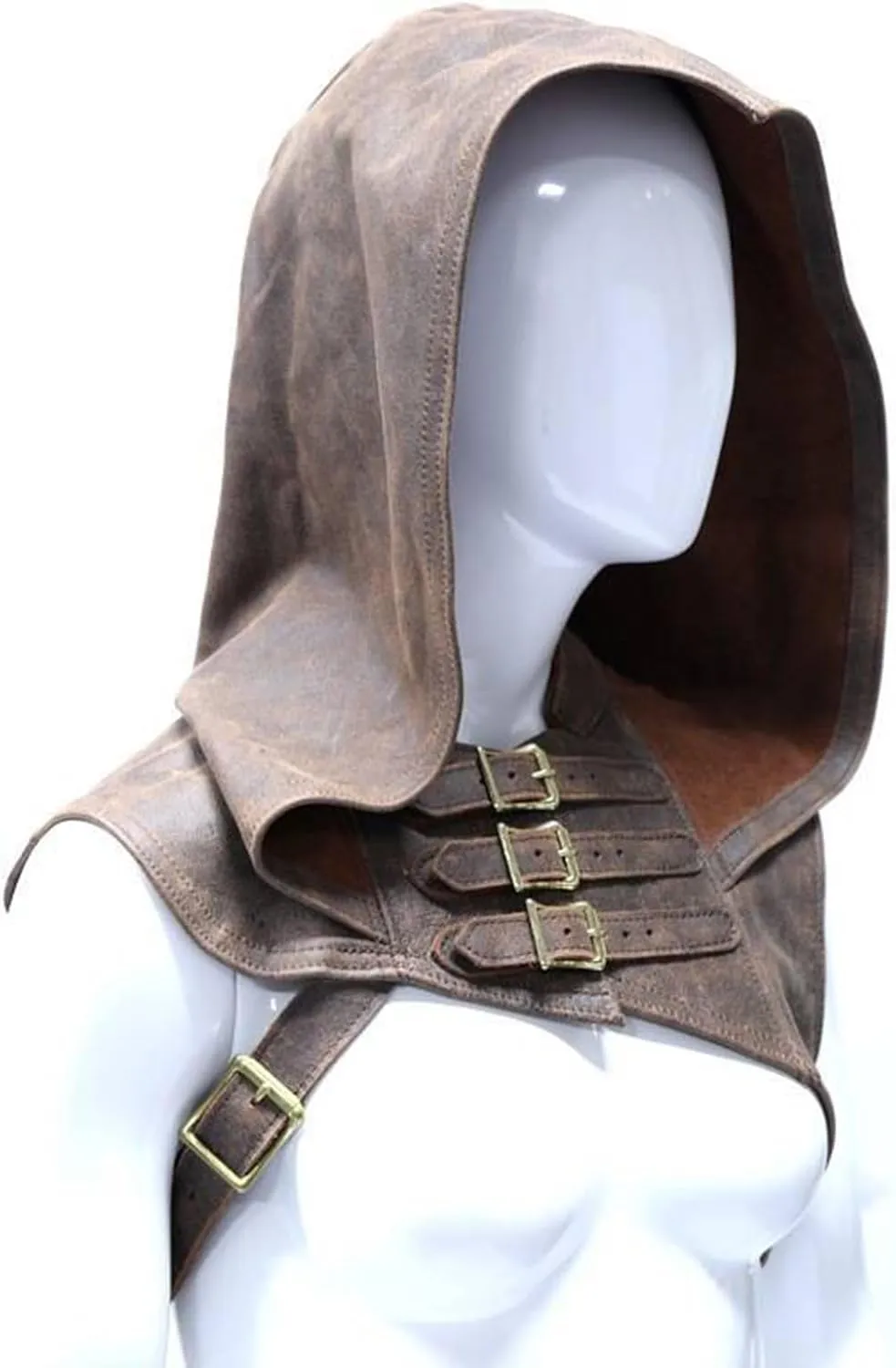Women Cosplay Punk Hooded Cowl Hat Faux Leather Medieval Cloak Cape With Adjustable Buckle Strap For Themed Event
