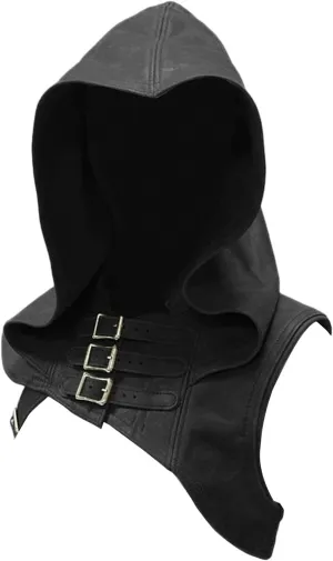 Women Cosplay Punk Hooded Cowl Hat Faux Leather Medieval Cloak Cape With Adjustable Buckle Strap For Themed Event