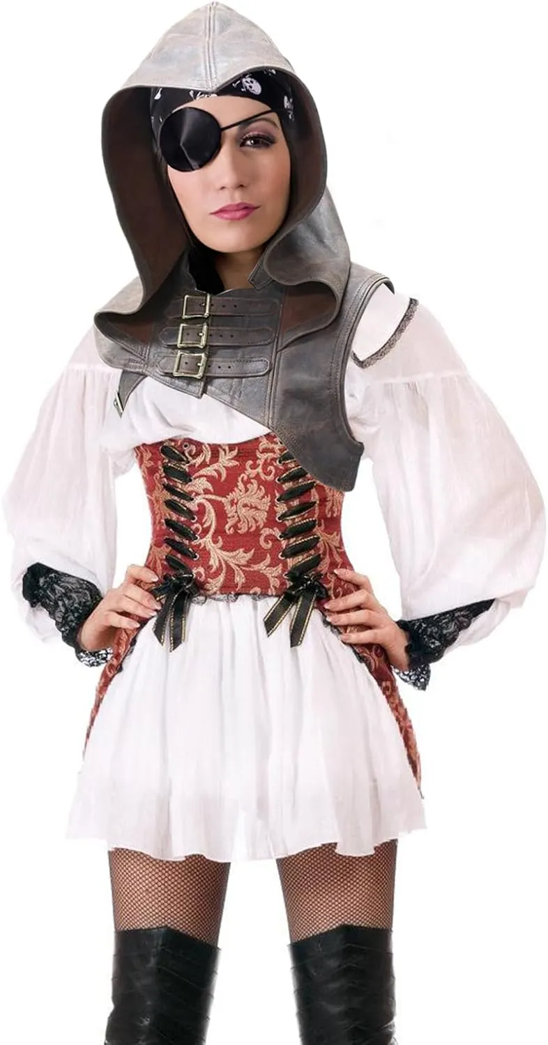 Women Cosplay Punk Hooded Cowl Hat Faux Leather Medieval Cloak Cape With Adjustable Buckle Strap For Themed Event