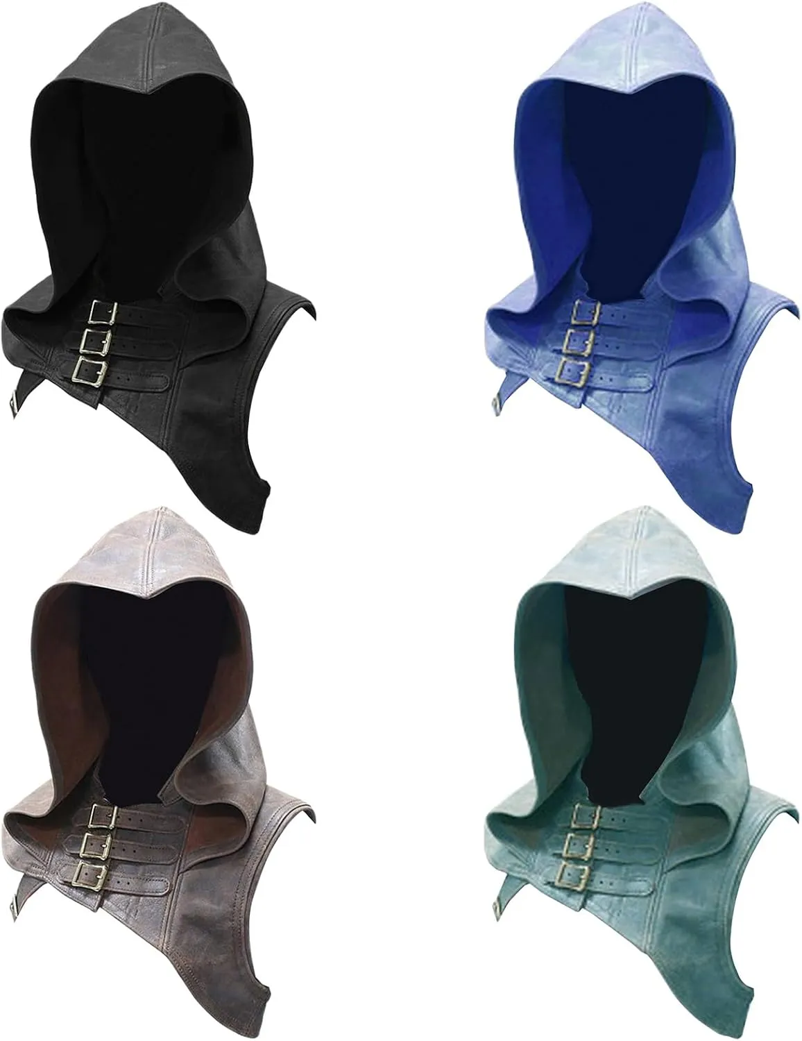 Women Cosplay Punk Hooded Cowl Hat Faux Leather Medieval Cloak Cape With Adjustable Buckle Strap For Themed Event