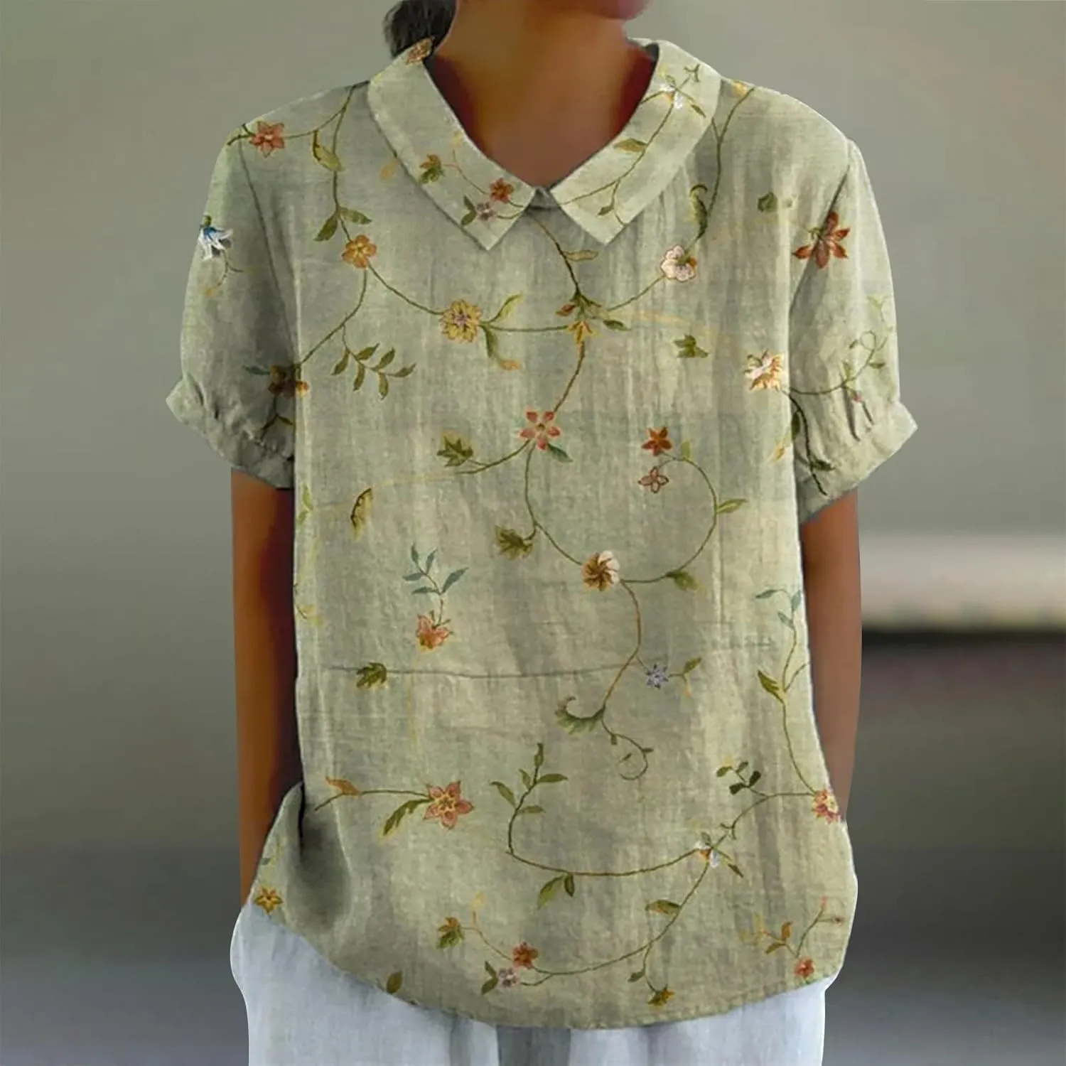 Women Linen Tops Summer Cotton Linen T Shirts for Women and Linen Loose Large Size Thin Lapel Shirt Peterr Pan Collar