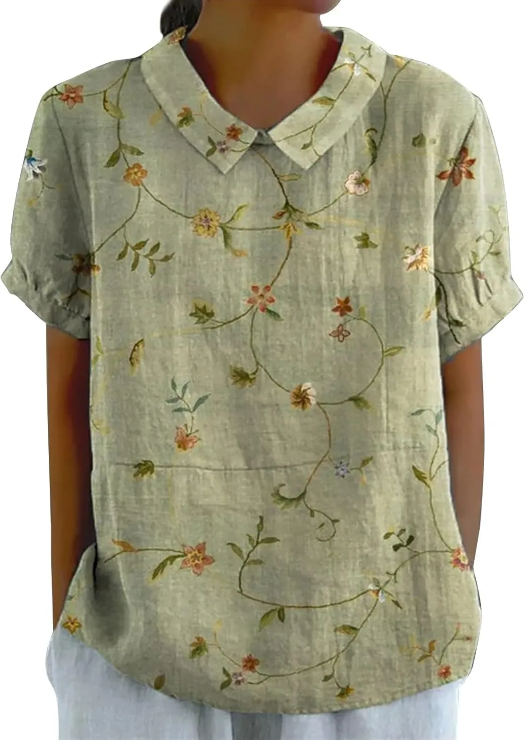 Women Linen Tops Summer Cotton Linen T Shirts for Women and Linen Loose Large Size Thin Lapel Shirt Peterr Pan Collar