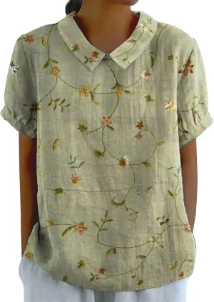 Women Linen Tops Summer Cotton Linen T Shirts for Women and Linen Loose Large Size Thin Lapel Shirt Peterr Pan Collar