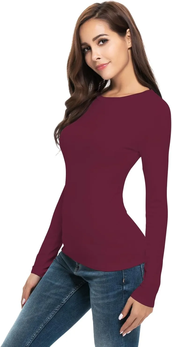 Women Long Sleeve Crew Neck/Scoop V Neck Rayon Slim Fit Stretchy Layer T Shirts Tops