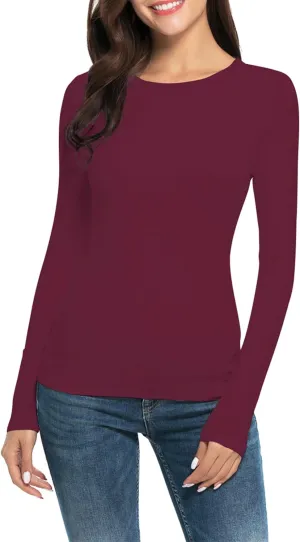 Women Long Sleeve Crew Neck/Scoop V Neck Rayon Slim Fit Stretchy Layer T Shirts Tops