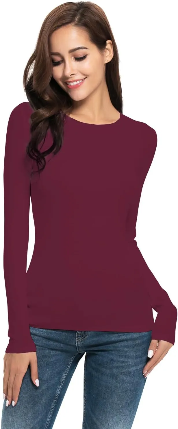Women Long Sleeve Crew Neck/Scoop V Neck Rayon Slim Fit Stretchy Layer T Shirts Tops