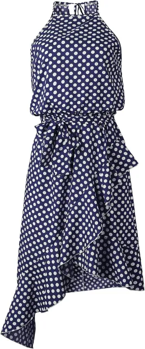 Women's Boho Dot Halter Neck Summer Casual Sundress High-Low Cut Hem Layered