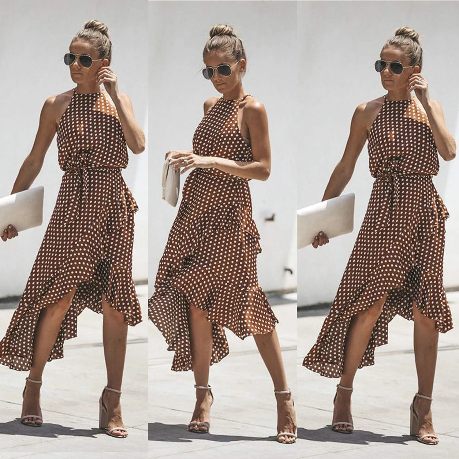 Women's Boho Dot Halter Neck Summer Casual Sundress High-Low Cut Hem Layered