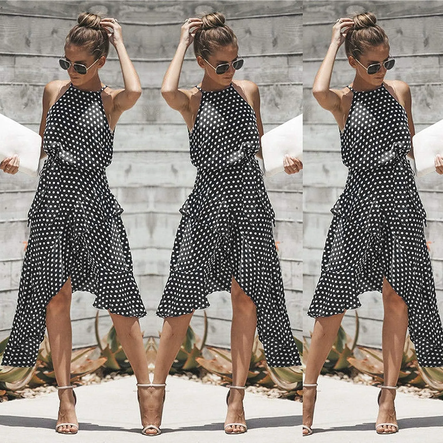 Women's Boho Dot Halter Neck Summer Casual Sundress High-Low Cut Hem Layered