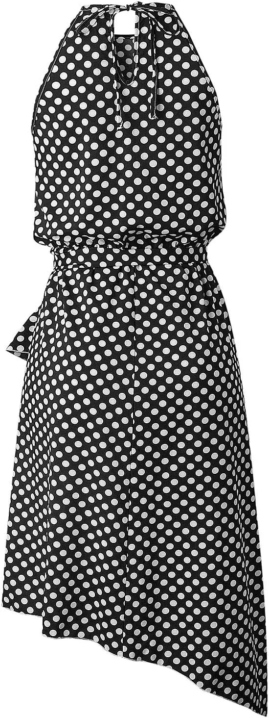Women's Boho Dot Halter Neck Summer Casual Sundress High-Low Cut Hem Layered