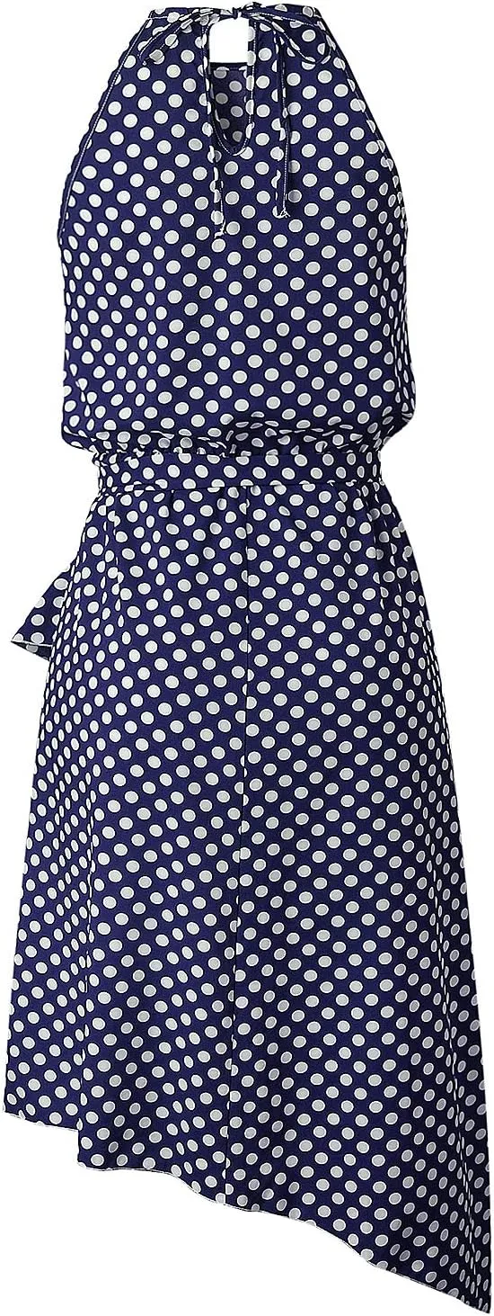 Women's Boho Dot Halter Neck Summer Casual Sundress High-Low Cut Hem Layered