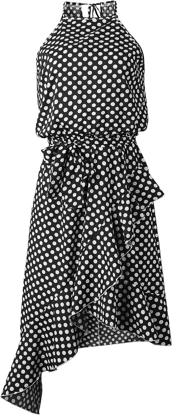 Women's Boho Dot Halter Neck Summer Casual Sundress High-Low Cut Hem Layered