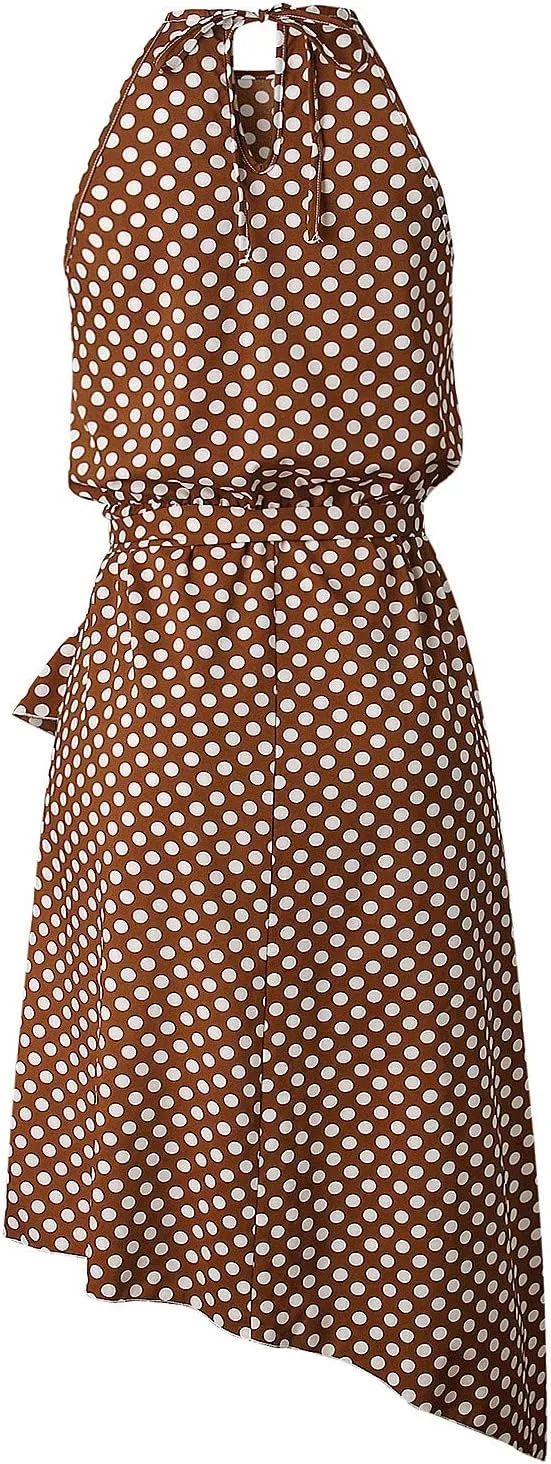 Women's Boho Dot Halter Neck Summer Casual Sundress High-Low Cut Hem Layered