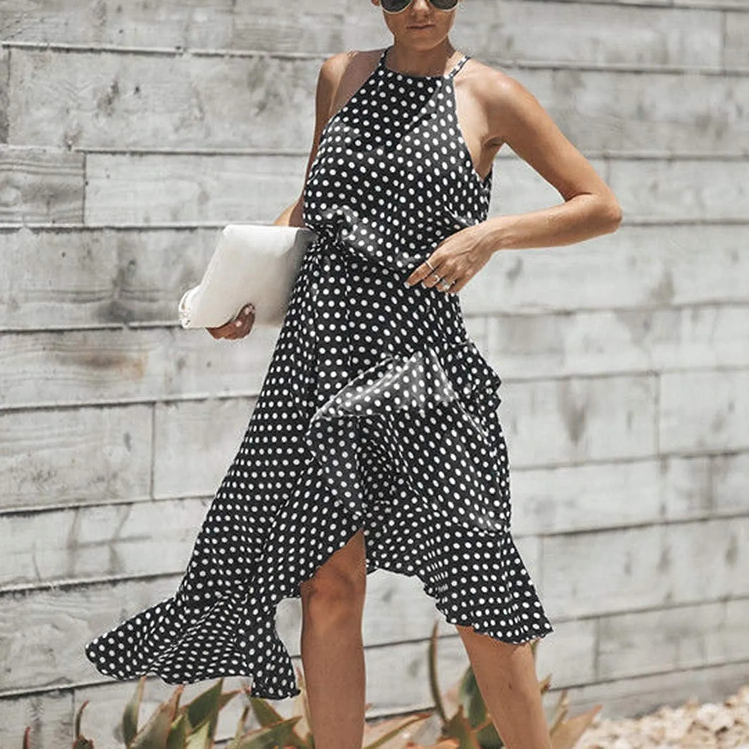 Women's Boho Dot Halter Neck Summer Casual Sundress High-Low Cut Hem Layered