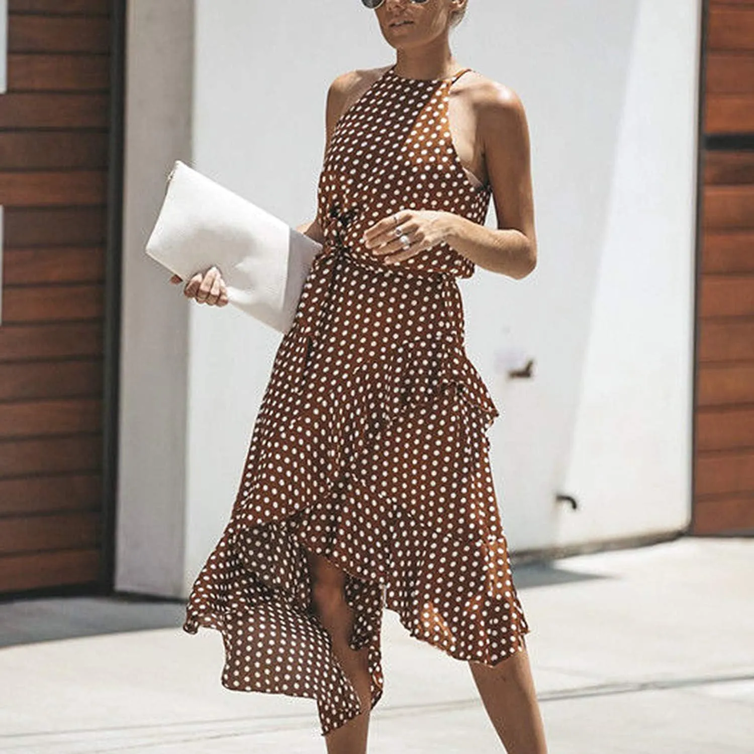 Women's Boho Dot Halter Neck Summer Casual Sundress High-Low Cut Hem Layered
