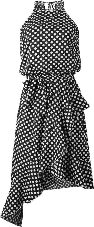 Women's Boho Dot Halter Neck Summer Casual Sundress High-Low Cut Hem Layered