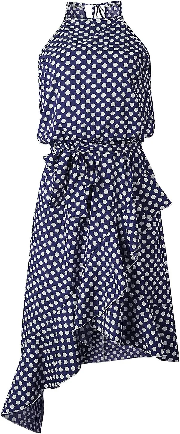 Women's Boho Dot Halter Neck Summer Casual Sundress High-Low Cut Hem Layered