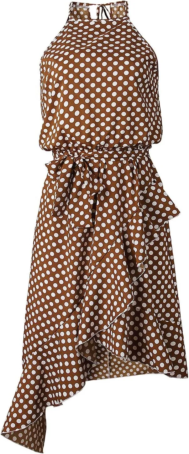 Women's Boho Dot Halter Neck Summer Casual Sundress High-Low Cut Hem Layered
