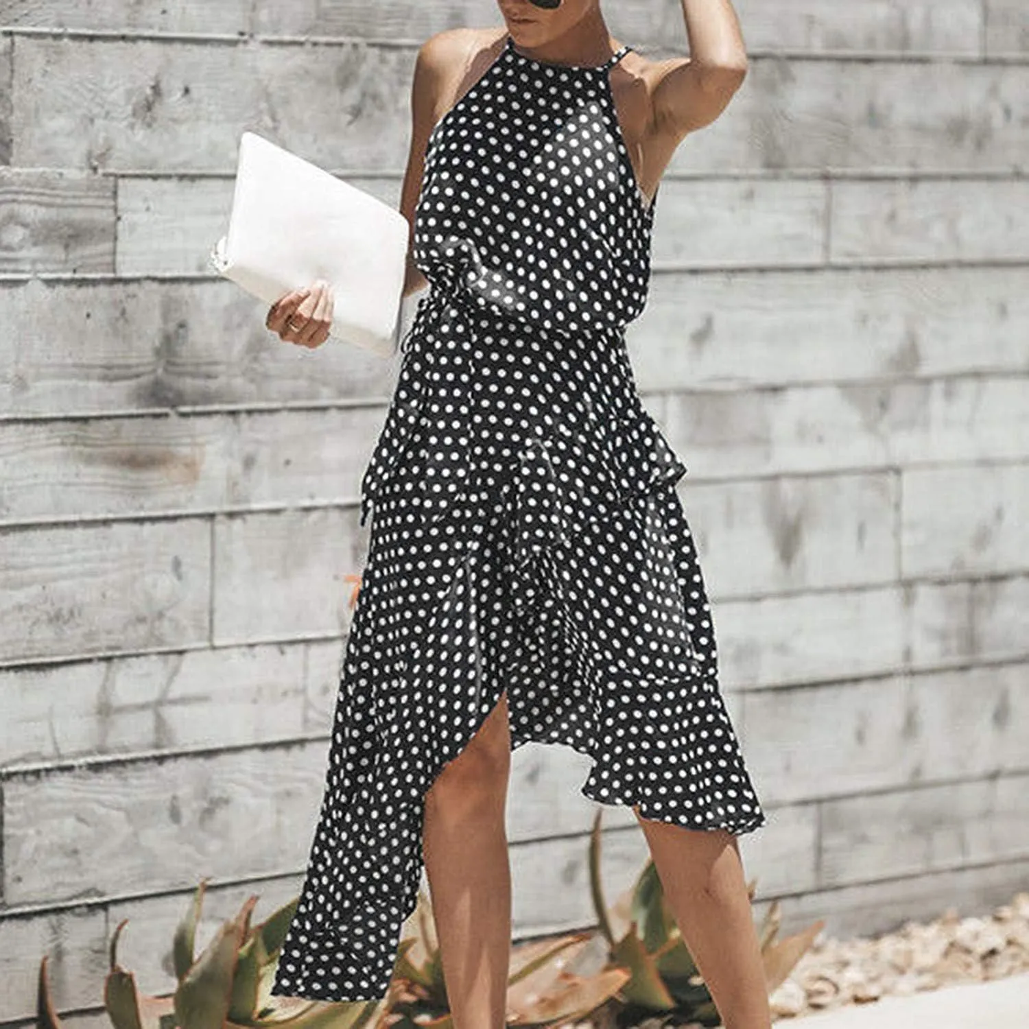 Women's Boho Dot Halter Neck Summer Casual Sundress High-Low Cut Hem Layered
