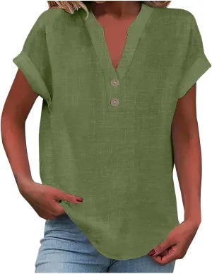 Womens Button Down Linen Shirt Short Sleeve V Neck Shirts Solid Color Comfy Tops Summer Casual Dressy Tunic Top