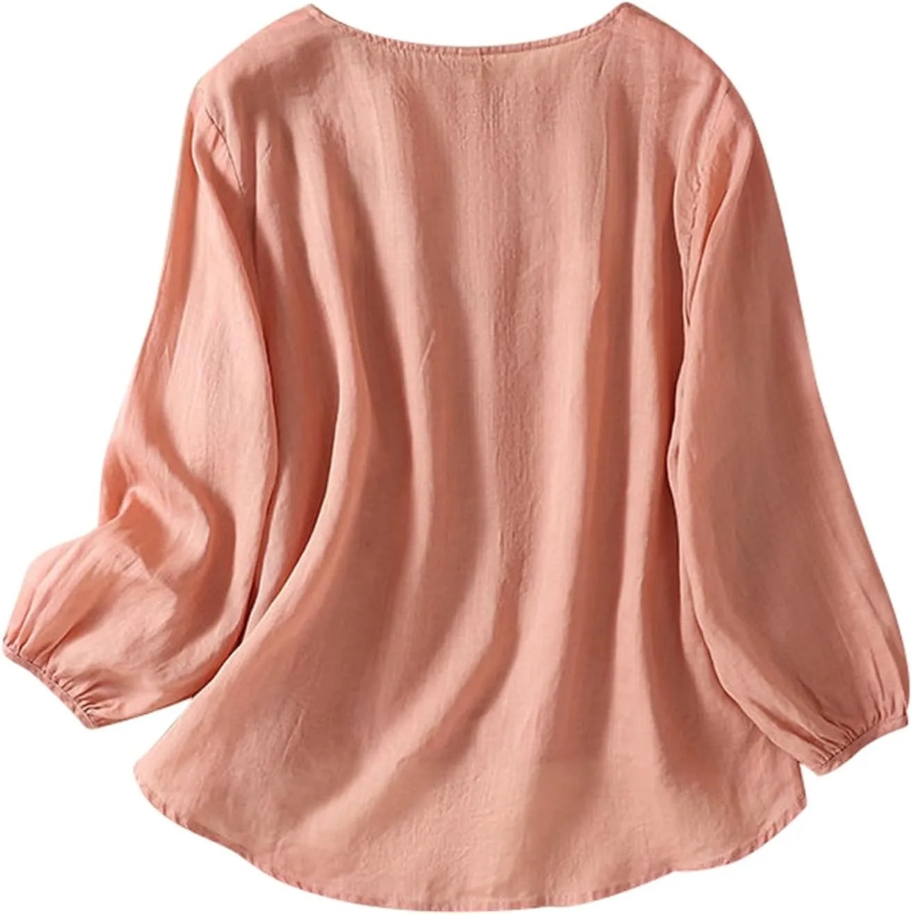 Womens Cotton Linen Shirts Summer Loose Crew Neck Casual Boho Long Sleeve Tee Top Vintage Bohemian Embroidered Blouse