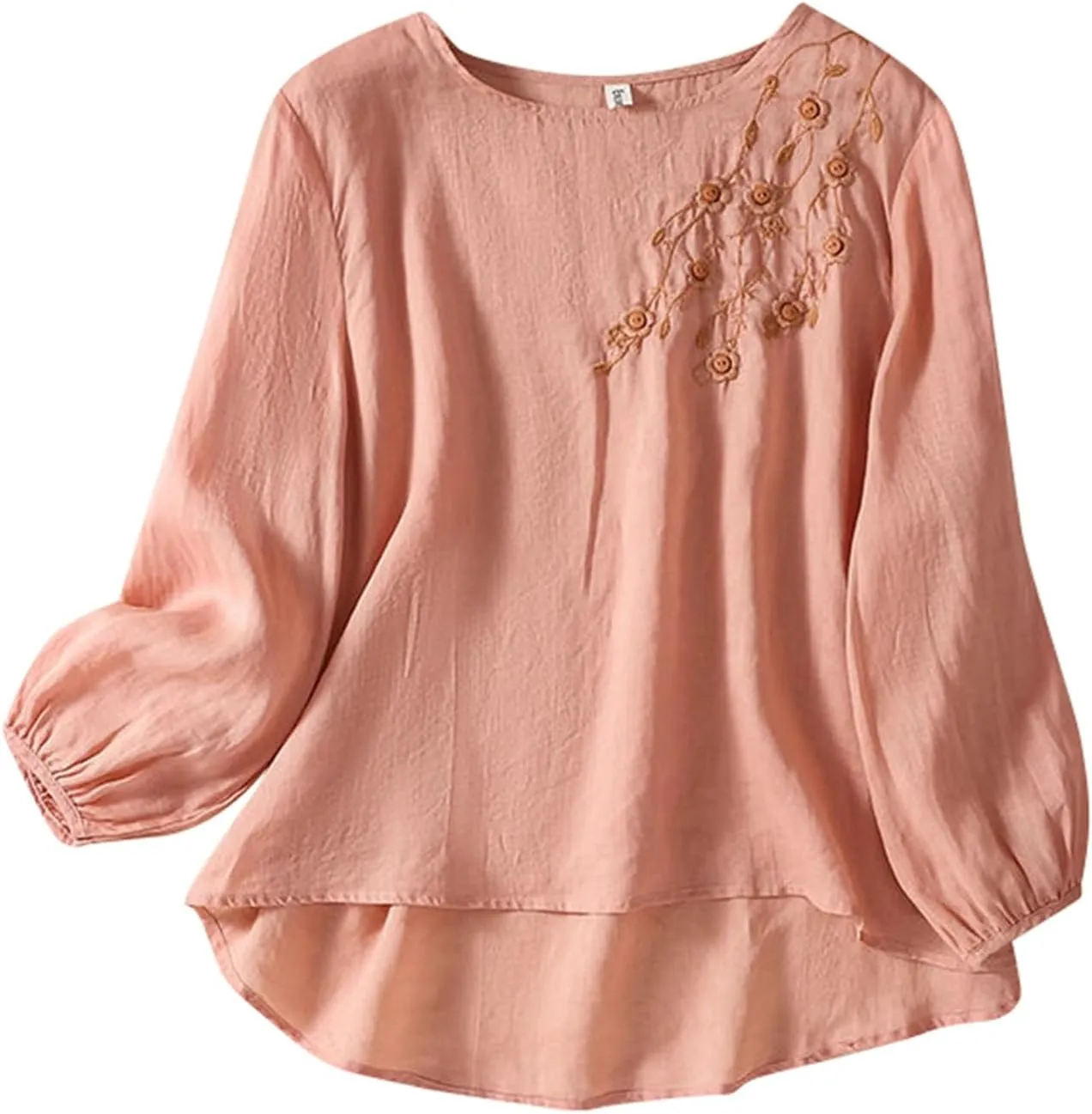 Womens Cotton Linen Shirts Summer Loose Crew Neck Casual Boho Long Sleeve Tee Top Vintage Bohemian Embroidered Blouse